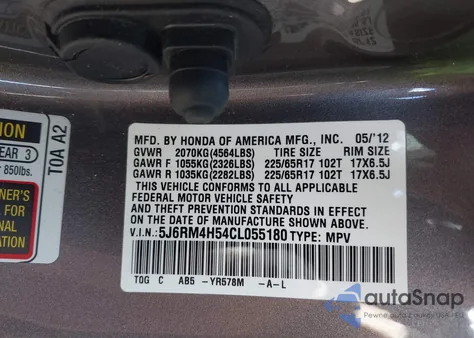 2012 Honda Cr-V Ex from USA, damaged, VIN 5J6RM4H54CL055180